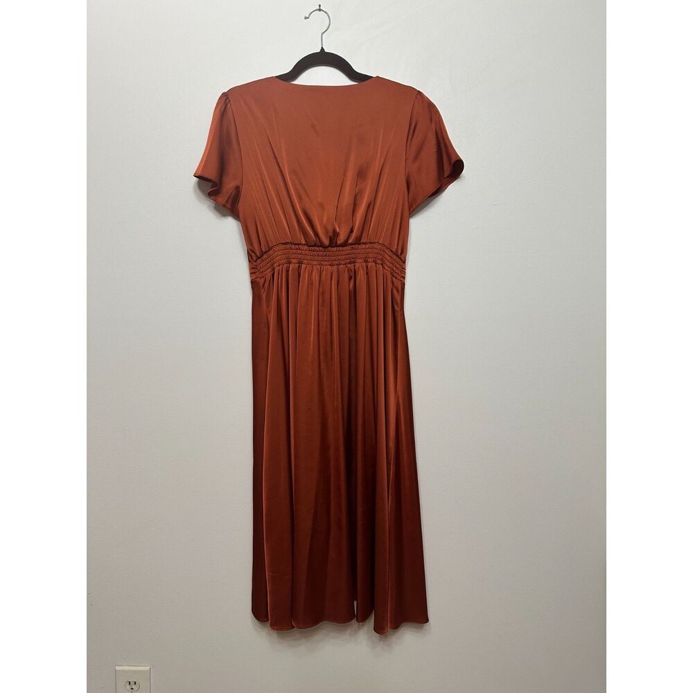Baltic Born Rust Poppy Satin Midi Dress M Tie Front Flutter Sleeve Evening - Picture 8 of 12